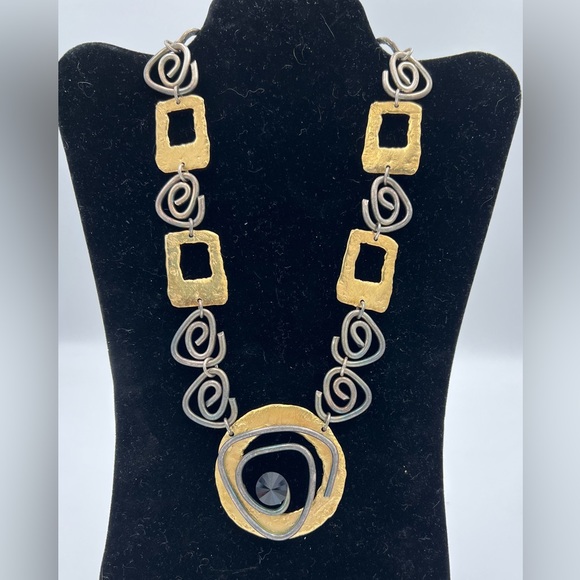 J. JANSEN Handcrafted Modern Brutalist Necklace Gold-Silver Tone Rhinestone - Picture 6 of 7